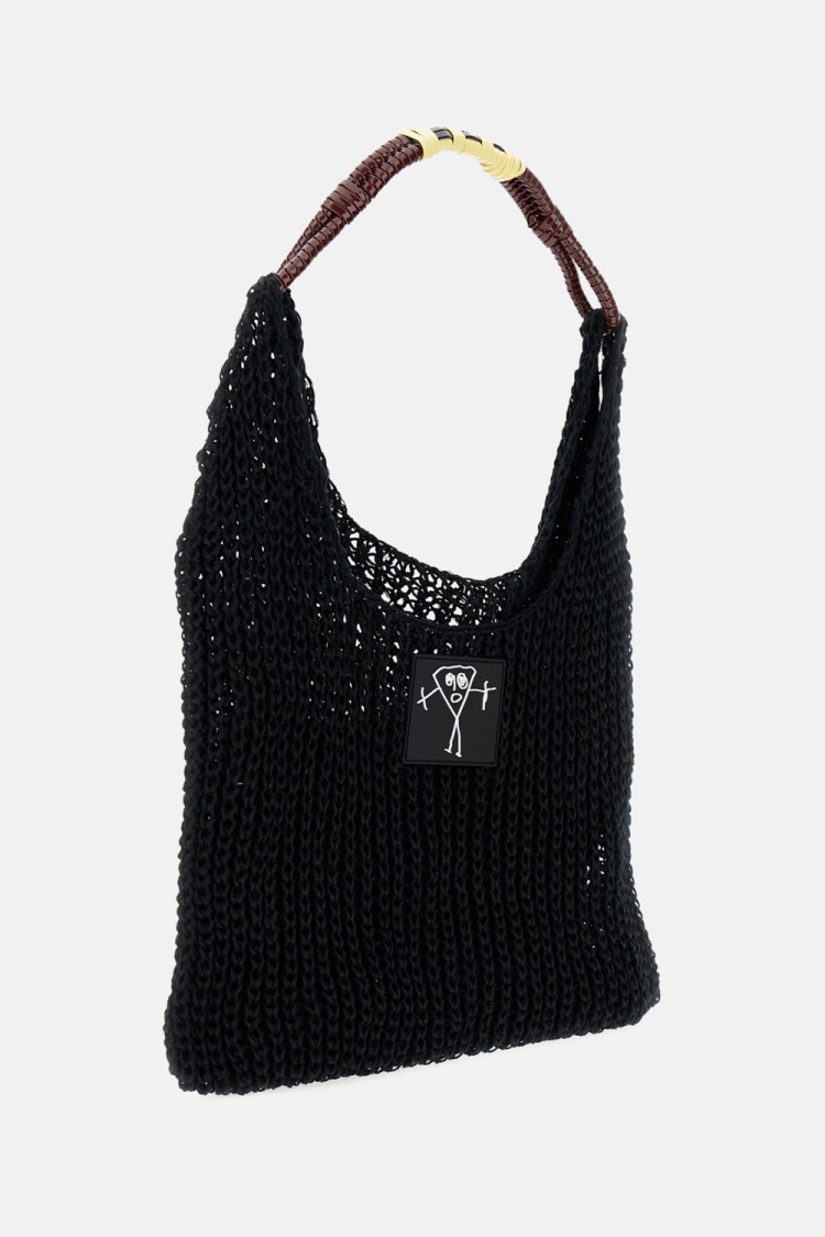 Plan C Mesh Shopping Bag With Braided Handle In Black