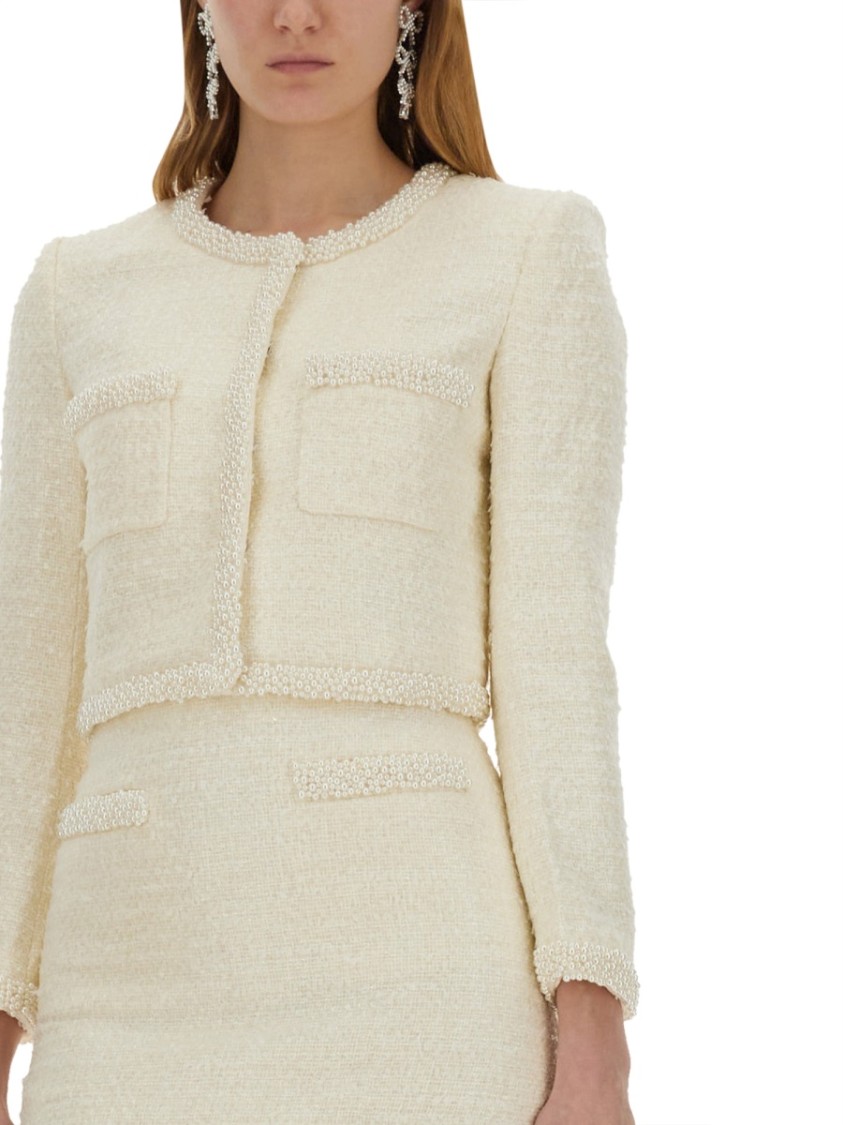Shop Self-portrait Boucle Jacket With Pearls In Neutrals