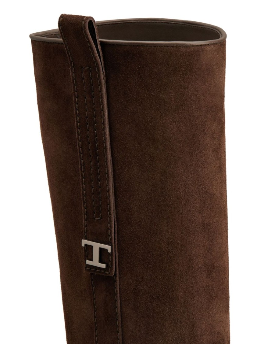 Tod's Long Brown Leather Boots With Strap Detail In Brown