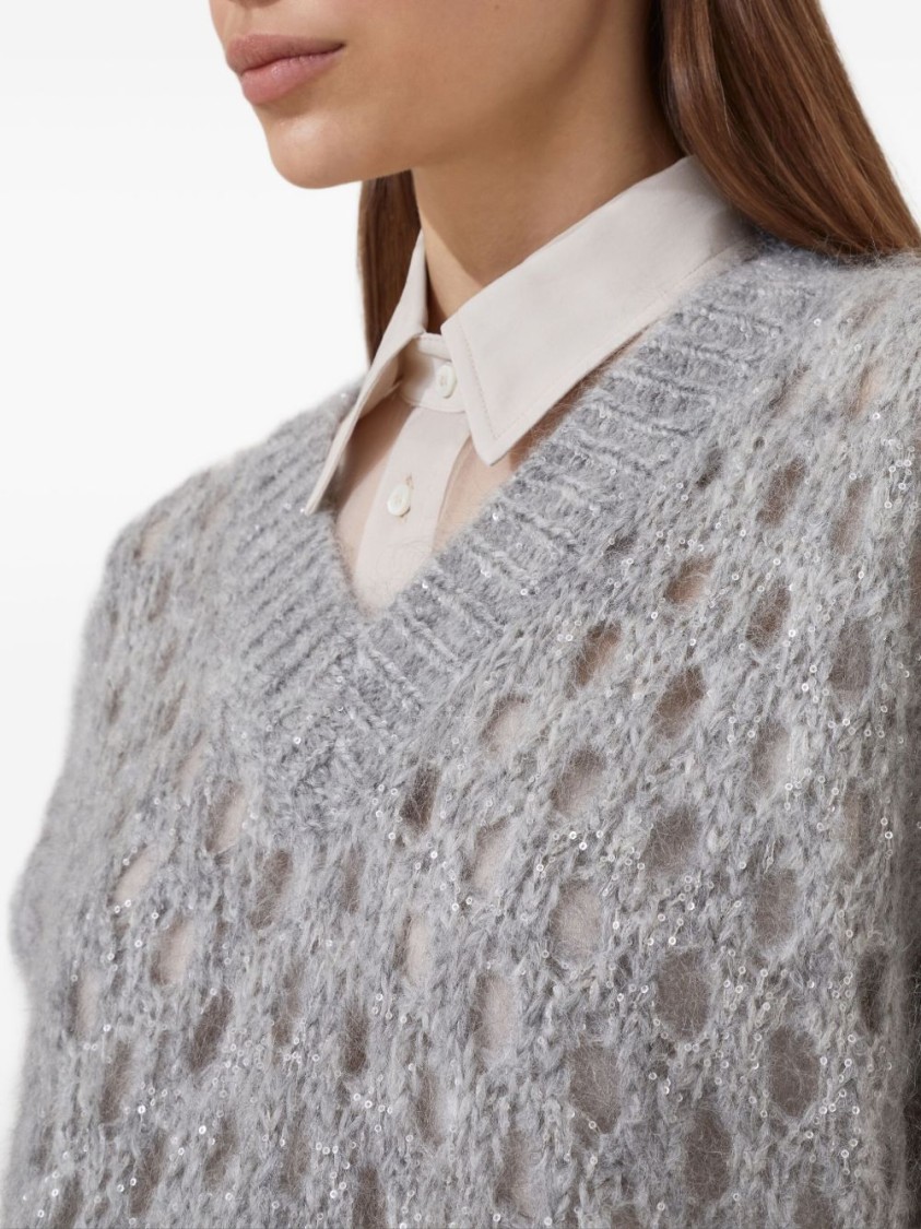 Brunello Cucinelli Open-knit Short Sleeve Sweater With V-neckline In Gray