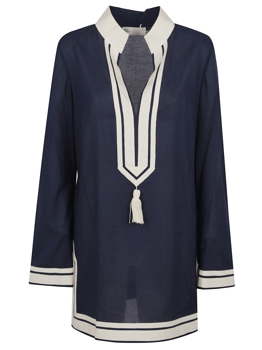 Tory Burch Cotton Shirt With V-neckline And Contrasting Trim