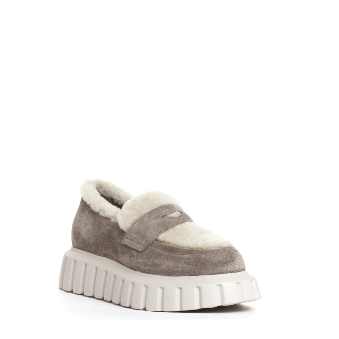 VOILE BLANCHE VOILE BLANCHE TAUPE SUEDE MOCCASIN WITH ECO-FUR ACCENTS