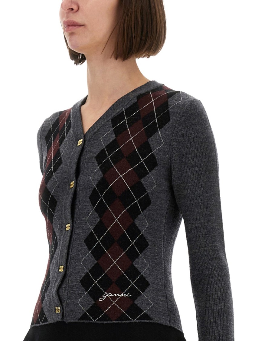 Ganni Grey Sweater With Classic Collar And Check Motif On The Front In Wool Woman In Gray