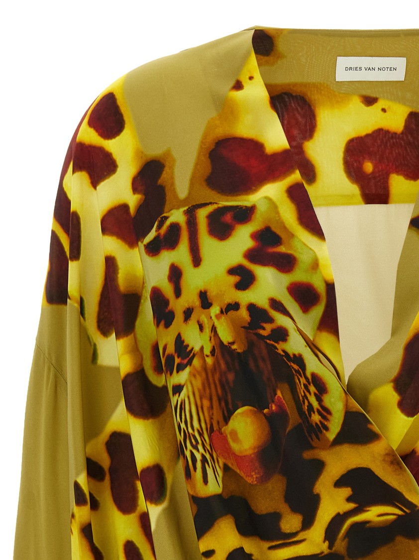 Dries Van Noten Camiel Leopard Orchid Print Faux Wrap Top