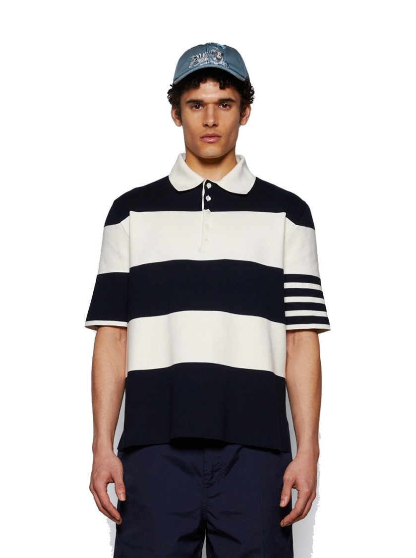 Thom Browne Polo Shirt With Button Placket And Striped Pattern In Blue