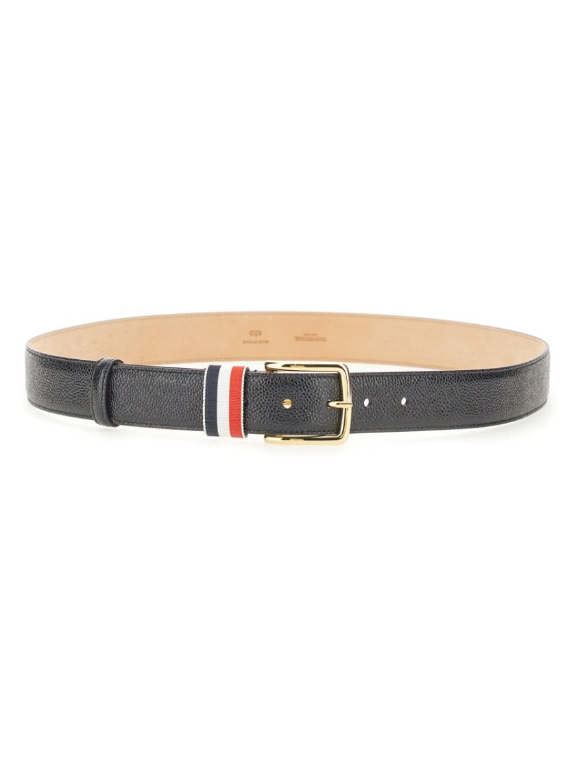 Thom Browne Calf Full Grain Leather Belt With Colored Stripe In Gray