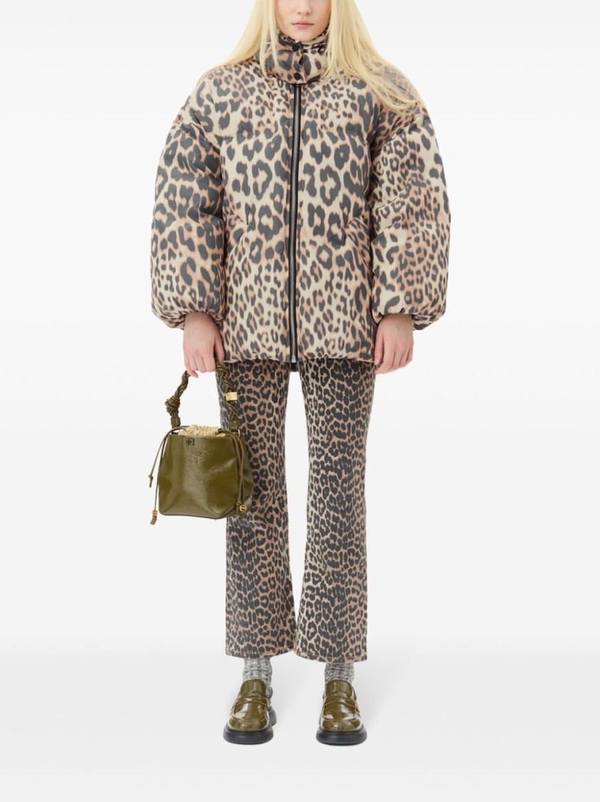 Ganni Leopard Print Coat With Oversized Silhouette In Brown