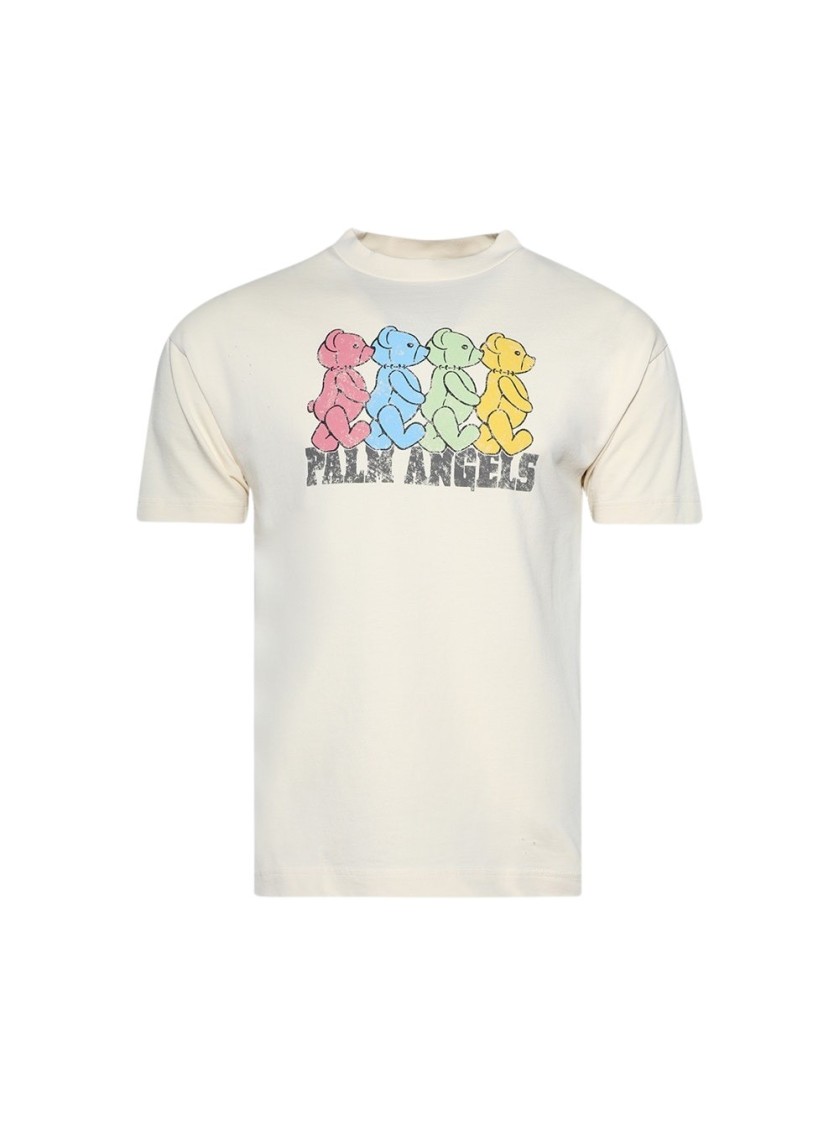 Palm Angels Ivory T-shirt With Front Bear Print In Neutrals