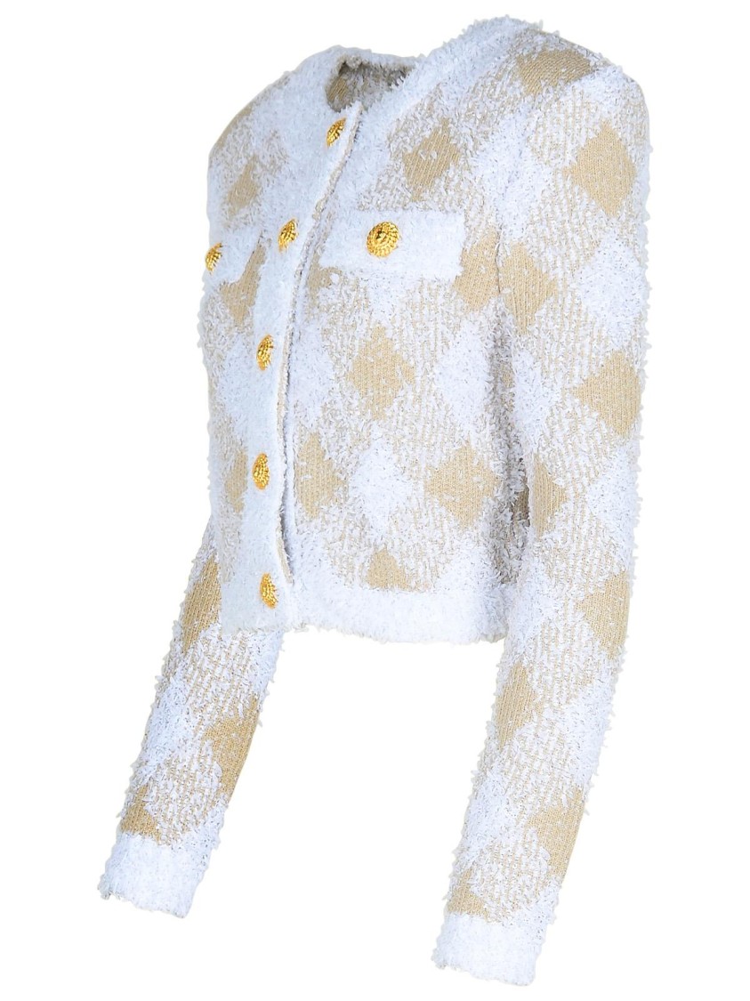 Balmain Vichy Check Tweed Knit Crop Jacket In Neutrals