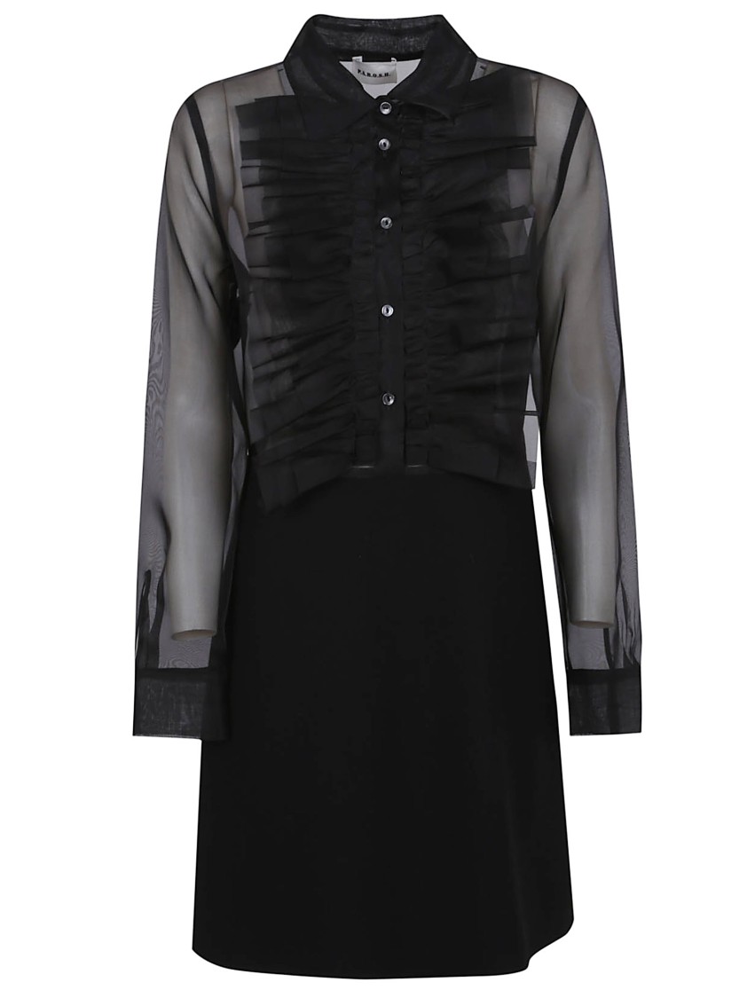 P.a.r.o.s.h Parosh Mini Silk Dress With Ruffle Details And Sheer Sleeves In Black
