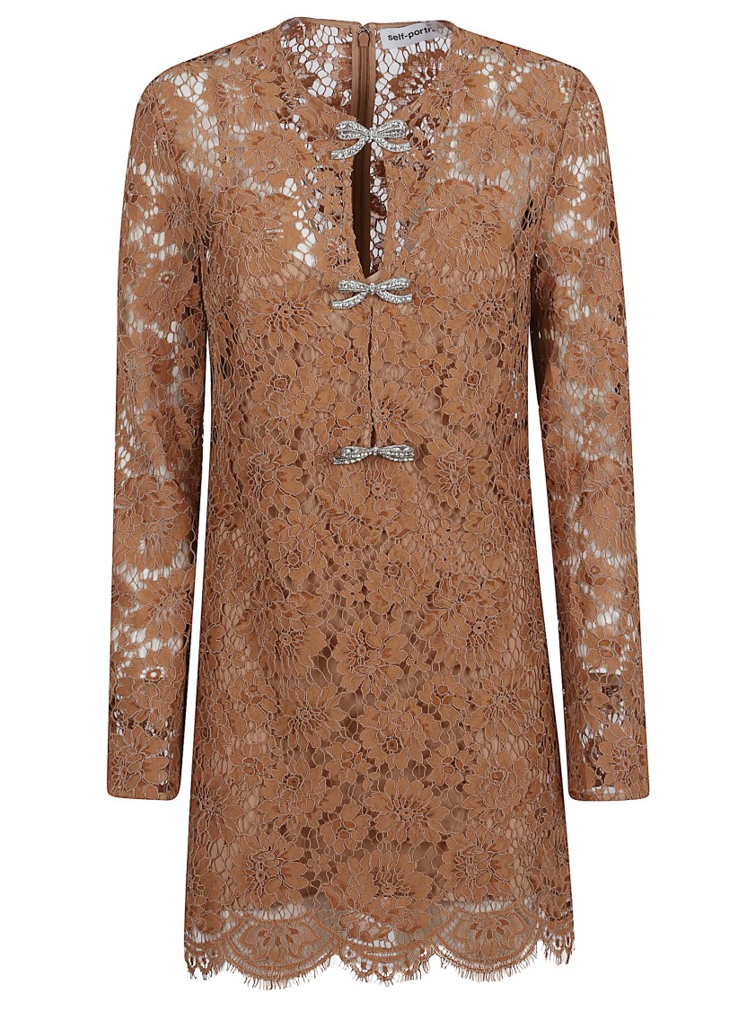 Shop Self-portrait Tan Lace Bow Mini Dress