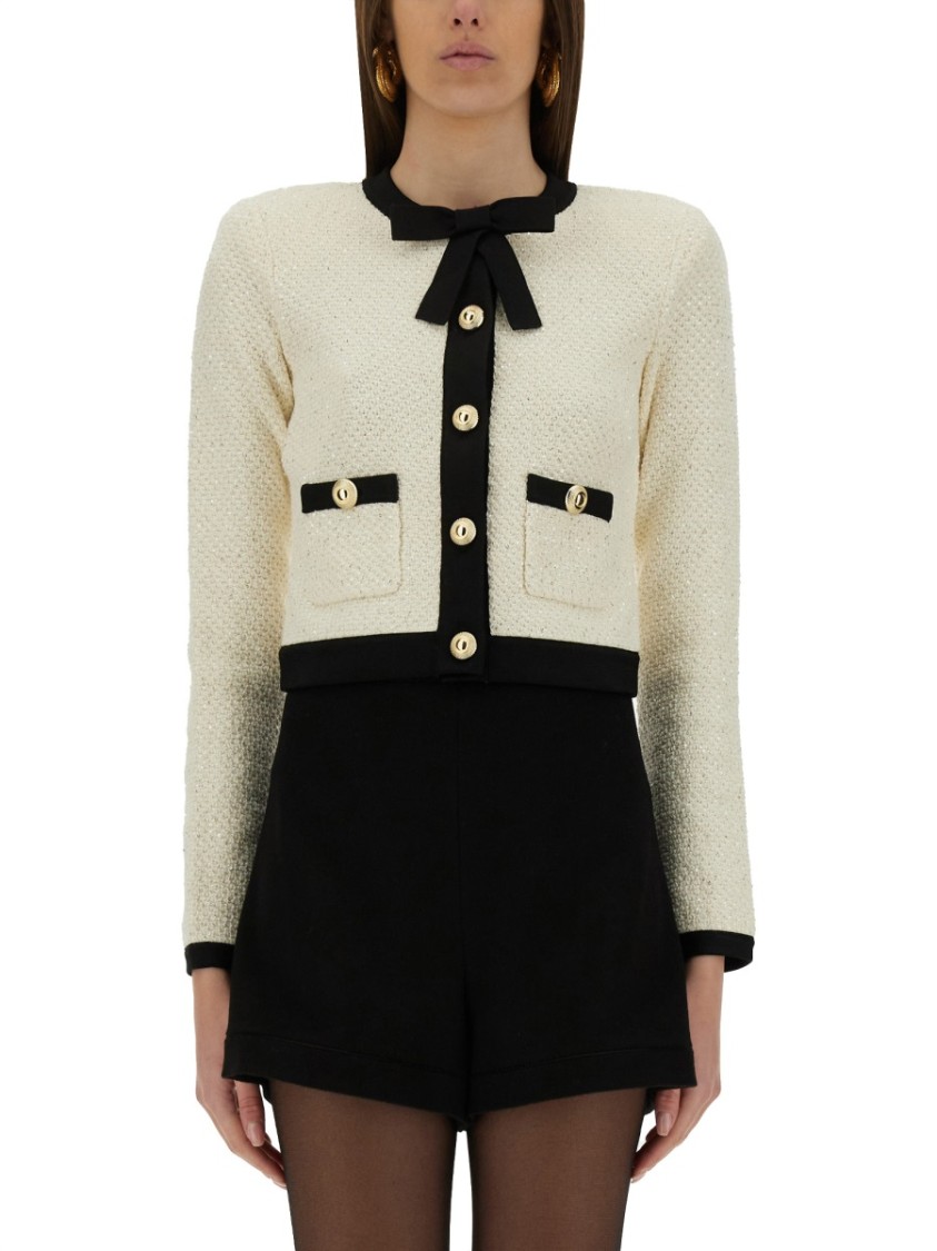 Shop Self-portrait Cardigan With Bow And Sequins In Black