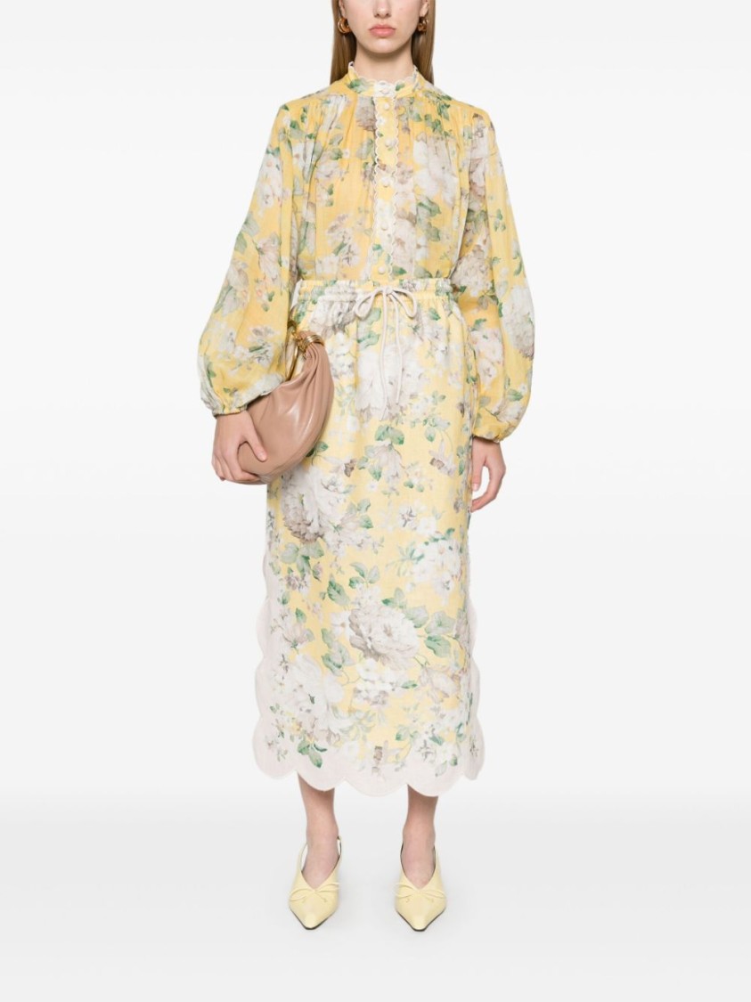 Zimmermann Acacia Scalloped Floral-print Linen Midi Skirt In Neutrals