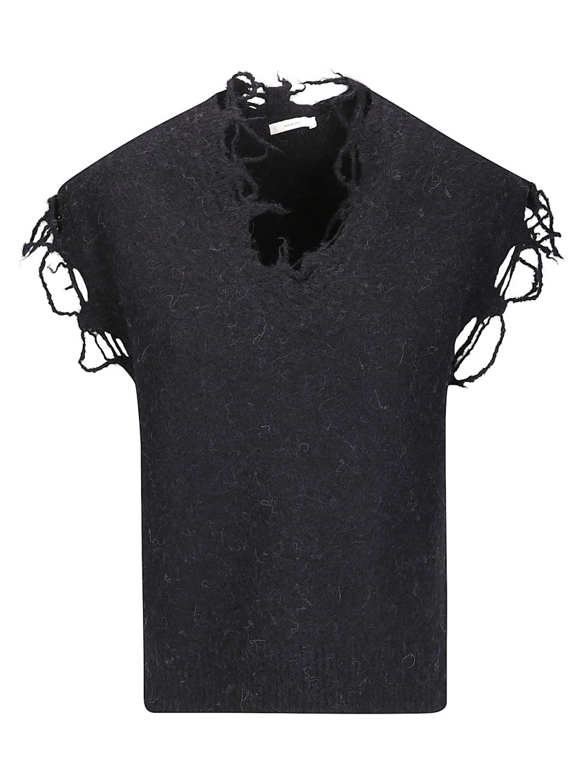 Haikure Distressed V-neck Sleeveless Sweater In Black