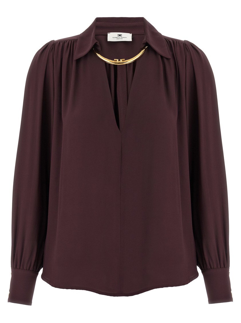 Elisabetta Franchi Logo Metal Detail Collar Shirt In Brown