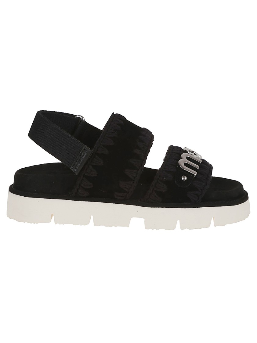 MOU MOU BLACK LEATHER PLATFORM SANDALS WITH DECORATIVE DETAILING