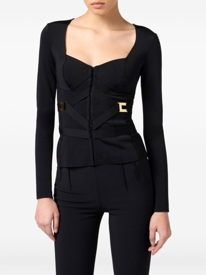 Elisabetta Franchi Cross-front Paneled Jacket With Sweetheart Neckline And Buckle Detailing In Black