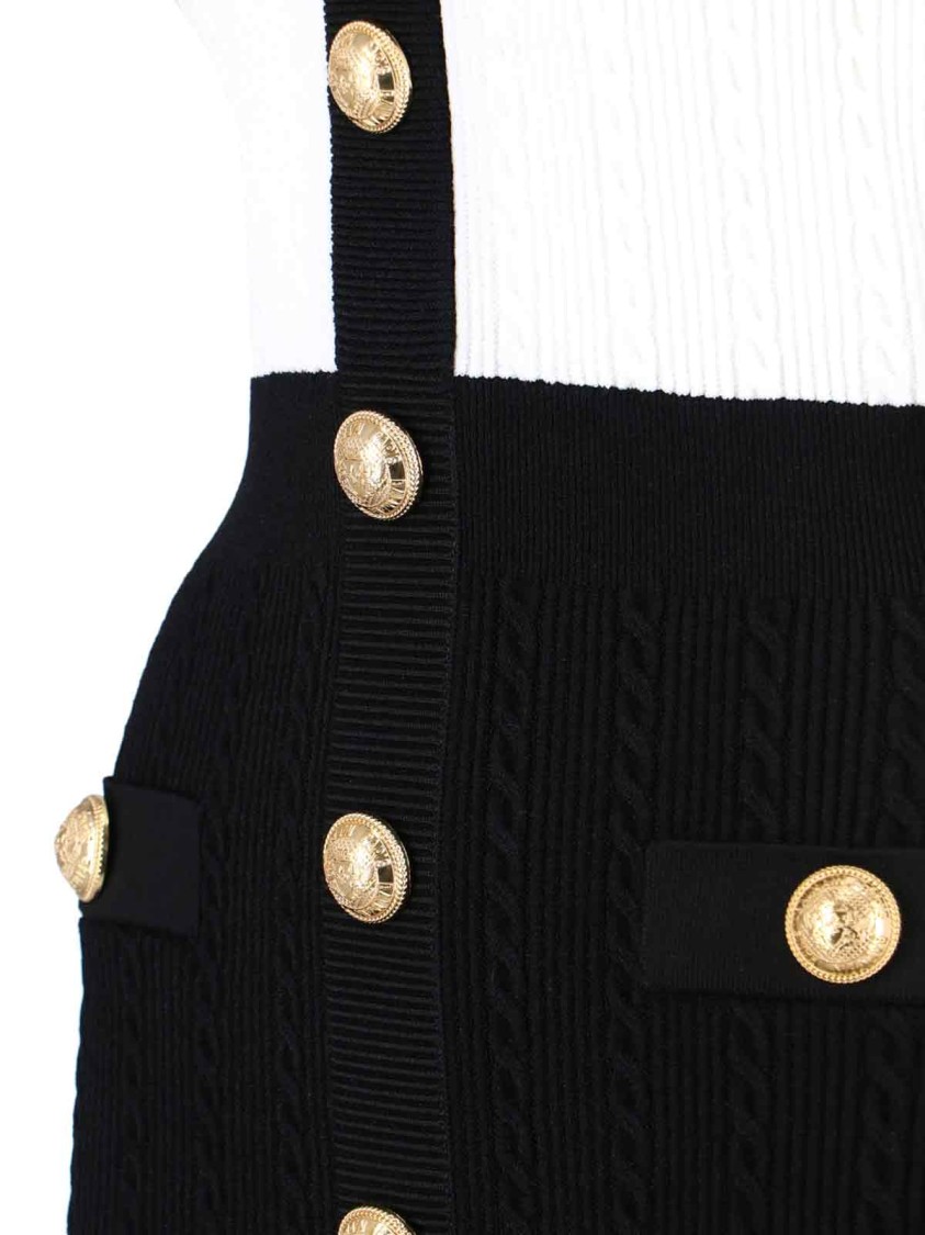 Balmain V-neck Buttoned Strong-shoulder Torsade Knit Mini Dress