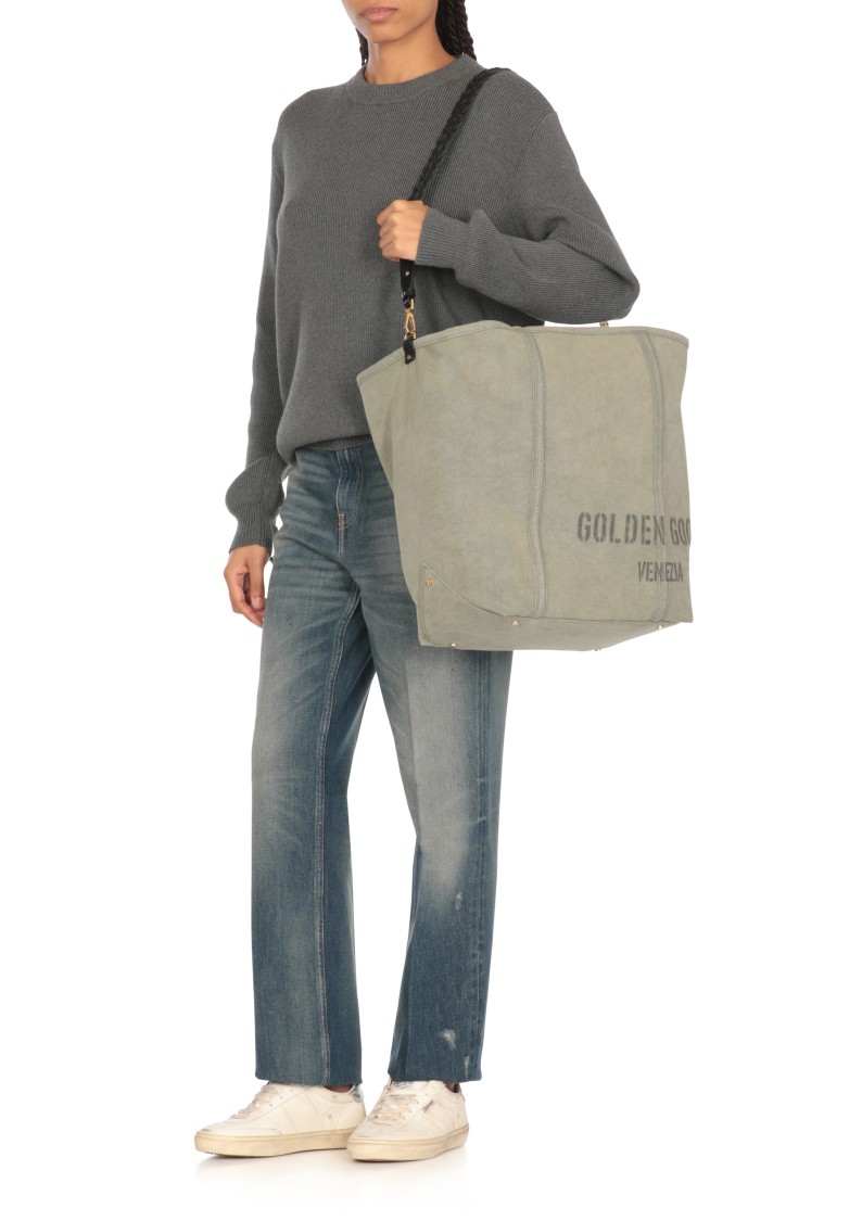 Golden Goose Green Canvas Hand Bag With Printed Logo In Grey