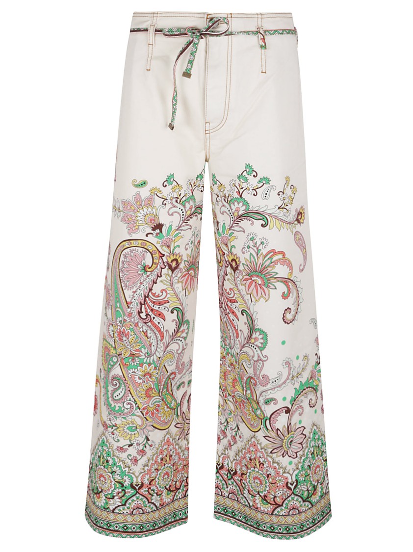 Etro Wide-leg Jeans With Intricate Floral Pattern In Neutrals