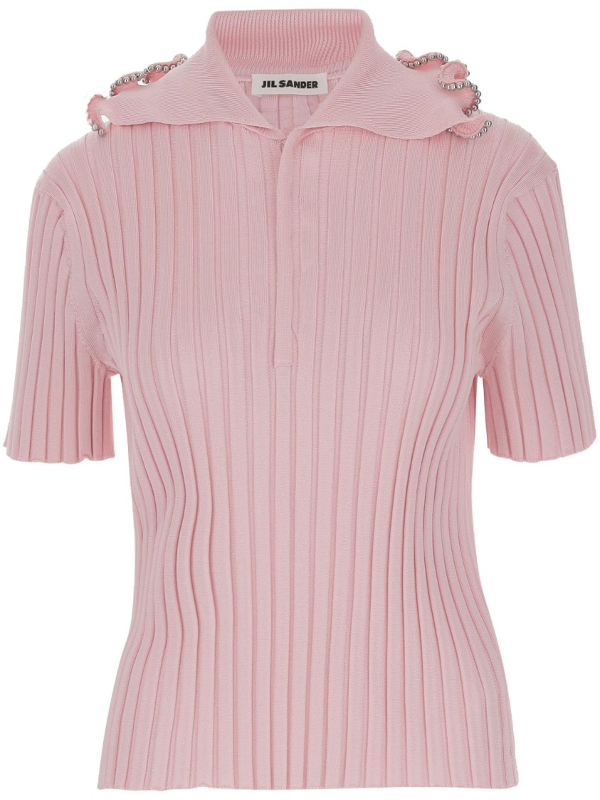 Jil Sander Ruffle Flounce Polo Shirt In Viscose Blend In Pink
