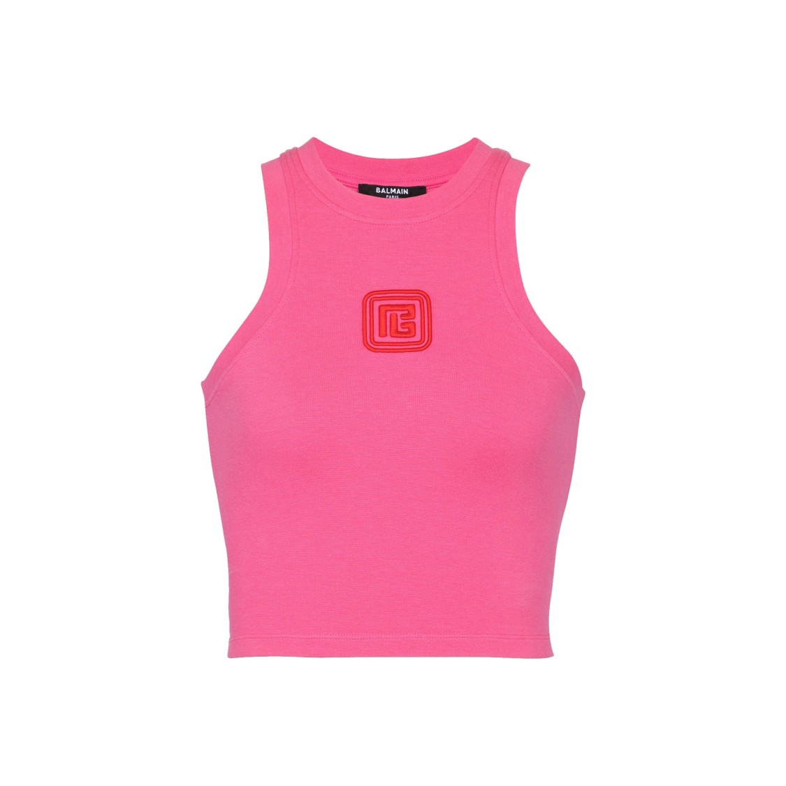 Balmain Cropped Tank Top With Retro Pb Embroidery In Pink