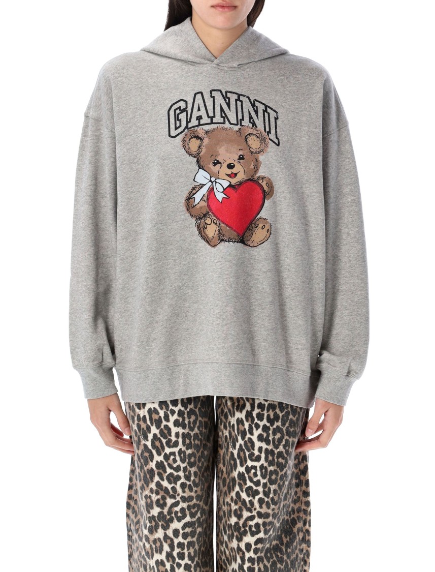 Ganni Bear Print Hooded Sweatshirt In Grey