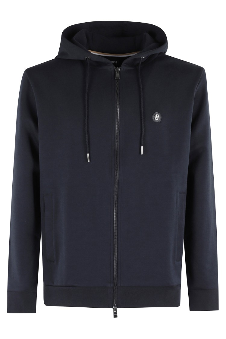 Hugo Boss Boss Zip-up Hoodie With Adjustable Hood And Metallic Logo In Blue