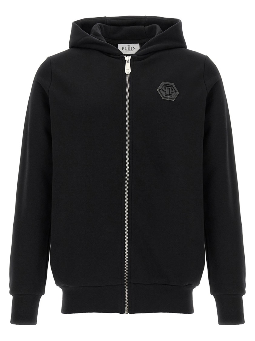 パーカー・フーディ Philipp Plein Sleek Black Fleece Hoodie With Logo Patch Philipp Plein Sleek Black Fleece Hoodie With Logo Patch