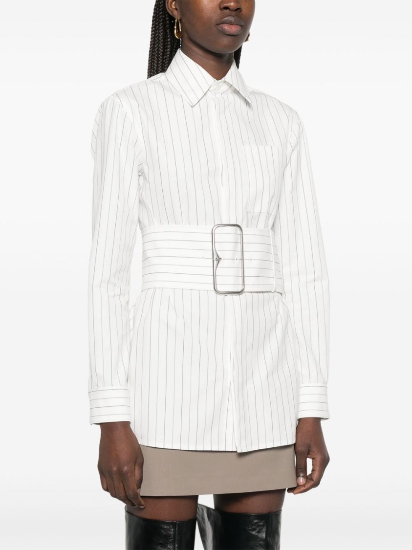 Burberry Vertical Striped Shirt With Belted Waist In White