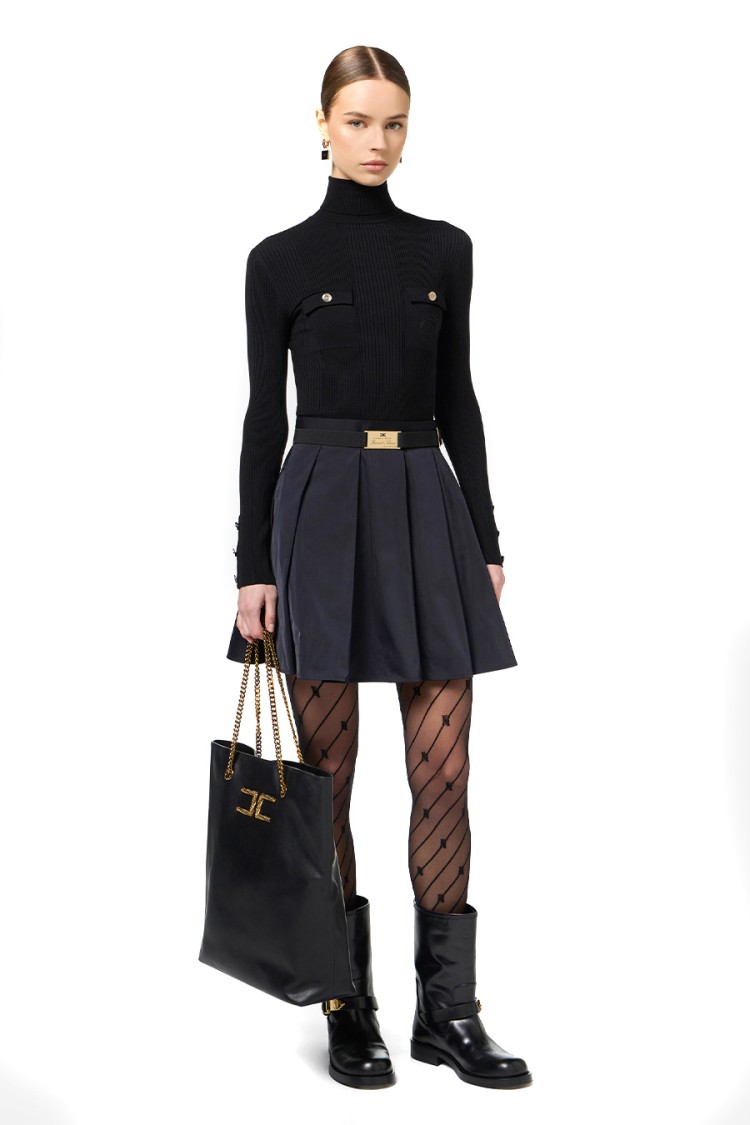 ELISABETTA FRANCHI ELISABETTA FRANCHI RIBBED BLACK DRESS WITH FLARED SKIRT