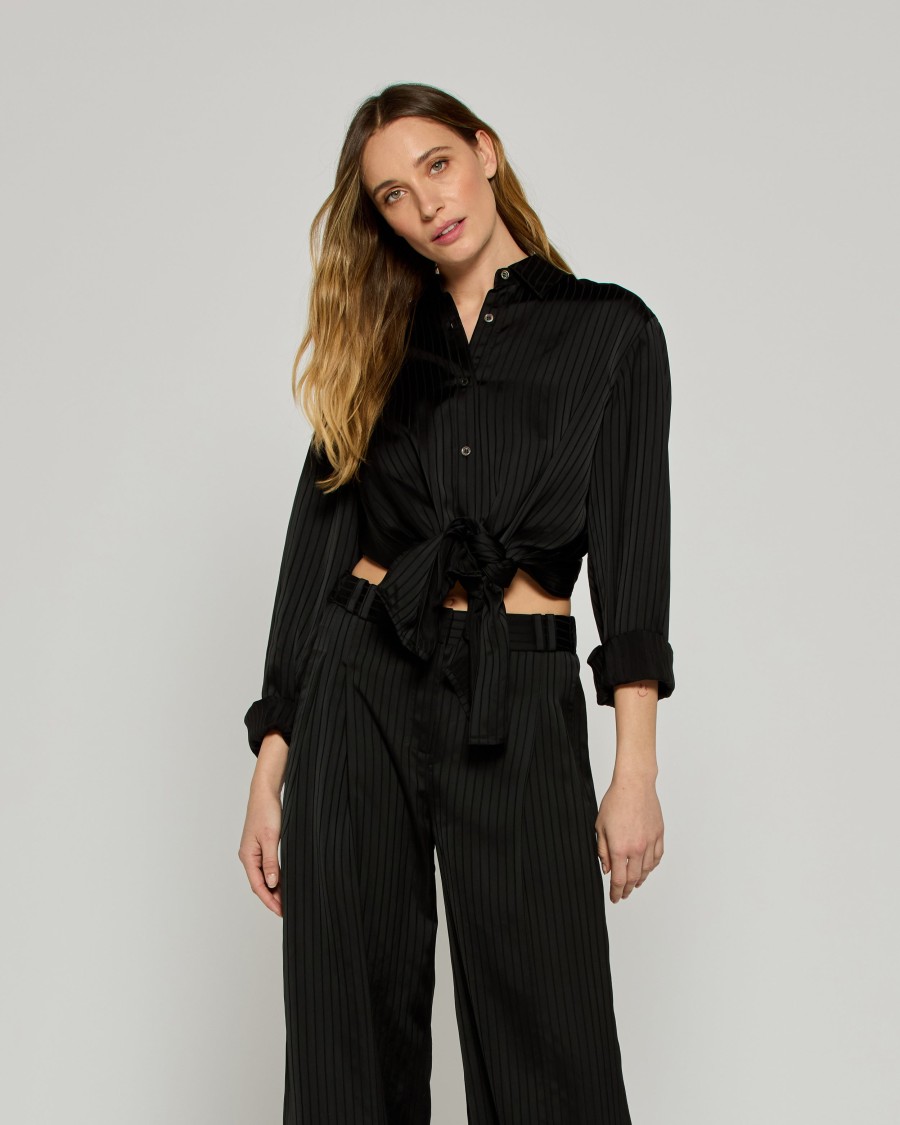 Serena Bute Wool Pinstripe Boyfriend Shirt - Black/pink In Black