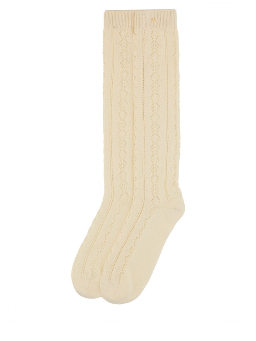 Valentino Textured Knee-high Socks Crafted From Pure Cotton In Neutral