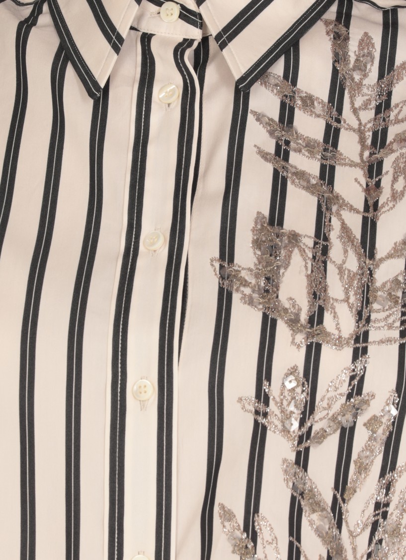 Brunello Cucinelli White Shirt With Floral Embroidery On The Front And All-over Striped Motif