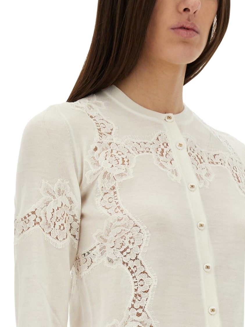 Dolce & Gabbana Cashmere And Silk Cardigan With Lace Inlay In White