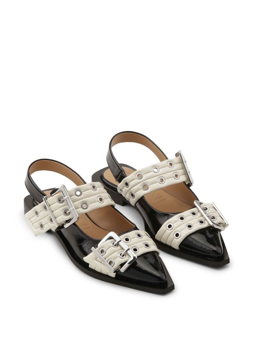 Ganni Black And White Slingback Ballerina Flats With Buckles In White