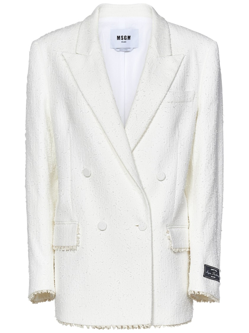 Msgm Textured White Tweed Double-breasted Blazer In White
