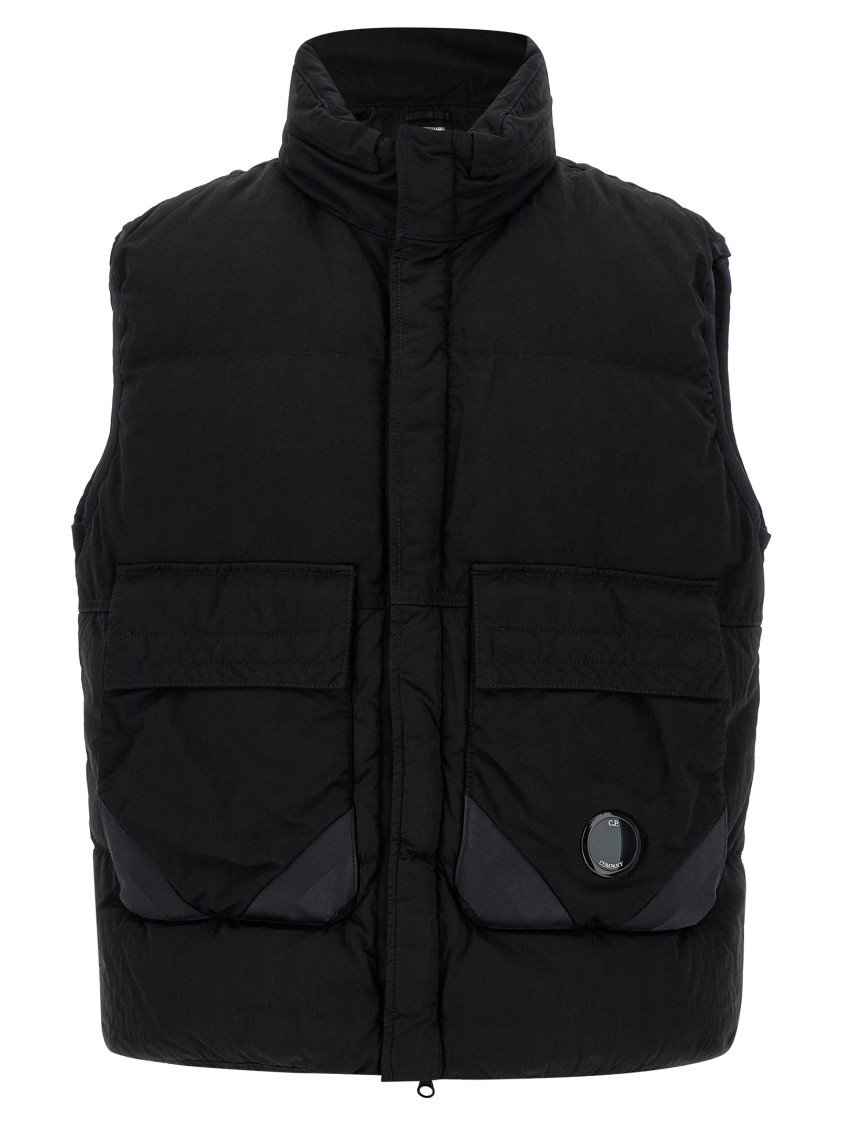 C.p. Company Black Vest With Mock Drawstring Neck And Logo Plaque On The Front In Black