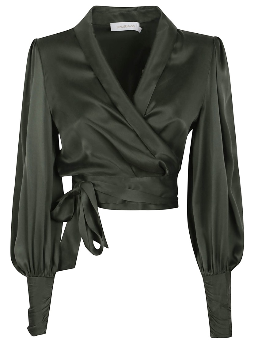 Zimmermann Silk Wrap Top With Puff Sleeves In Green