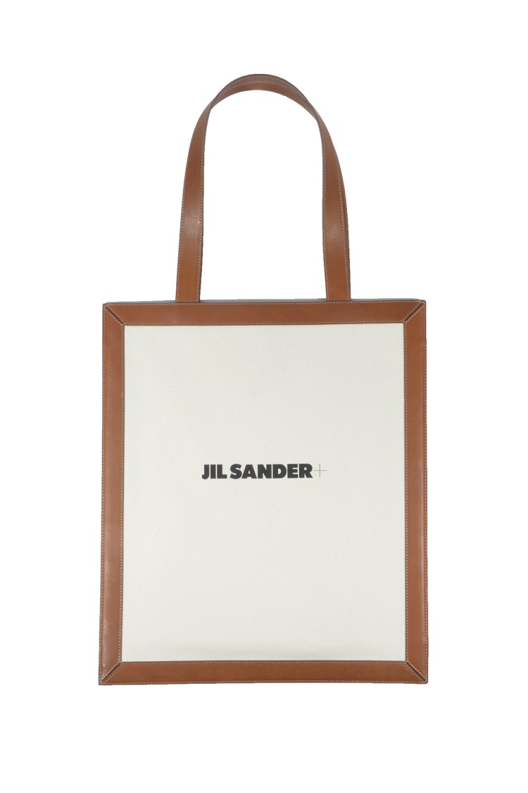 Jil Sander Tote Bag In Tela Bianca E Pelle In Neutrals