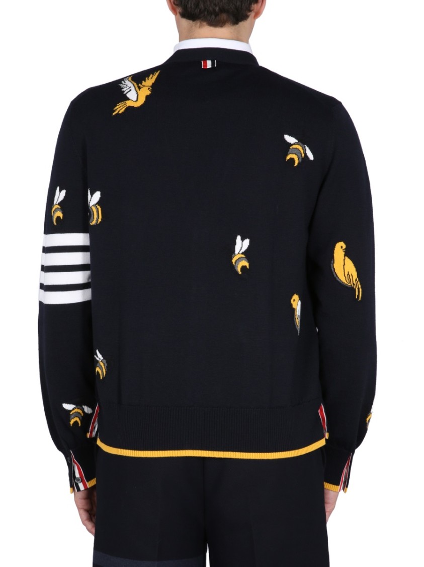 Shop Thom Browne Cardigan With Birds And Bees Inlays In Blue