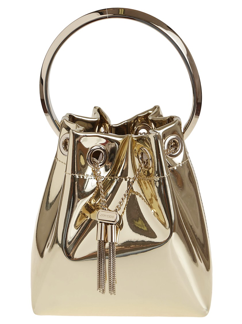 Jimmy Choo Shiny Mirror-effect Bon Bon Bag With Chain Drawstring And Metal Handle