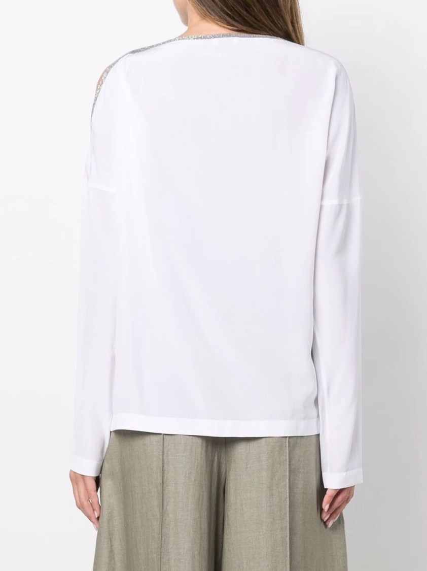 Brunello Cucinelli Long-sleeve White Knit Top With Unique Shoulder Detail In White
