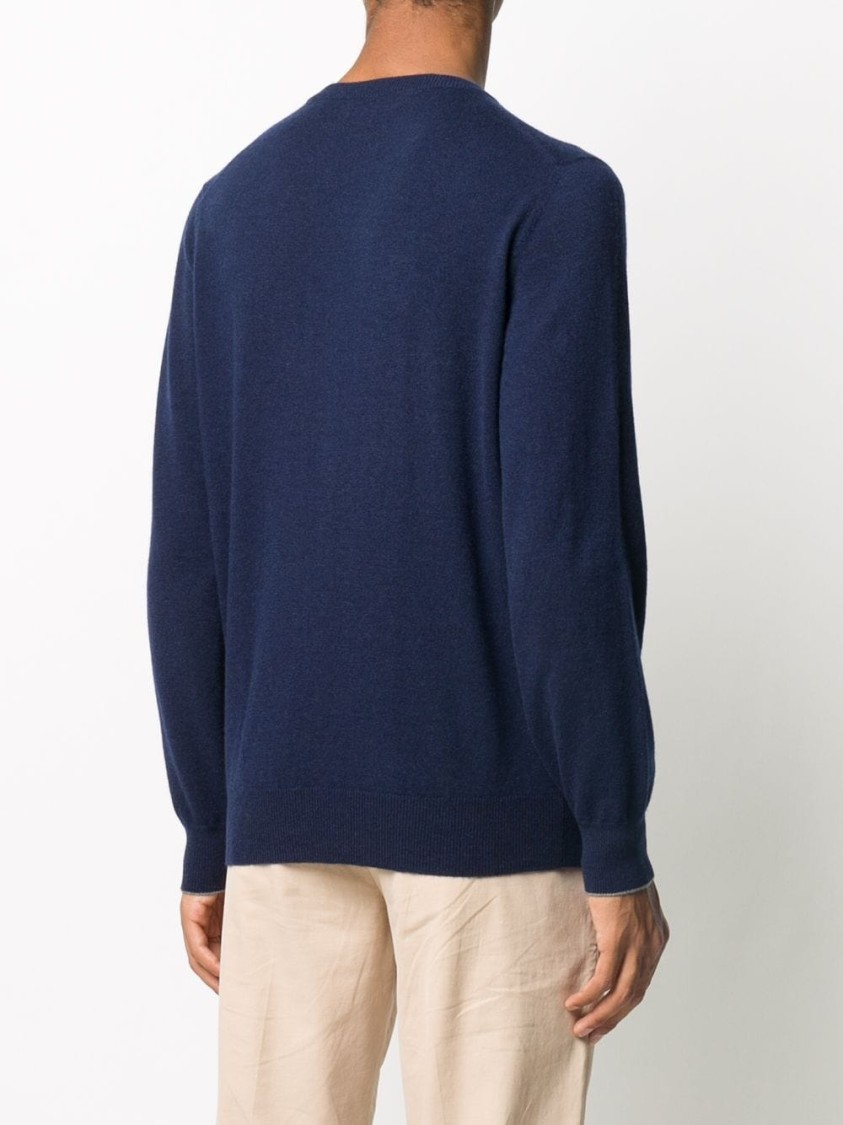 Brunello Cucinelli Cashmere Crewneck Sweater With Ribbed Finish In Blue