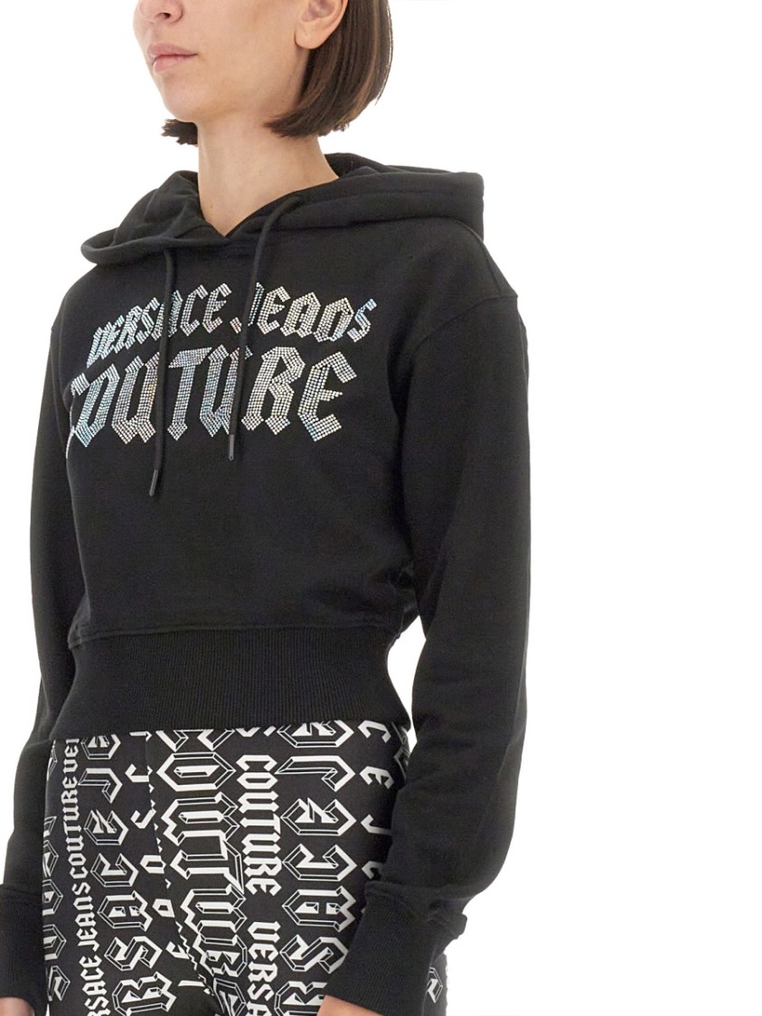 Shop Versace Jeans Couture Cropped Black Sweatshirt With Hood And Logo Detail