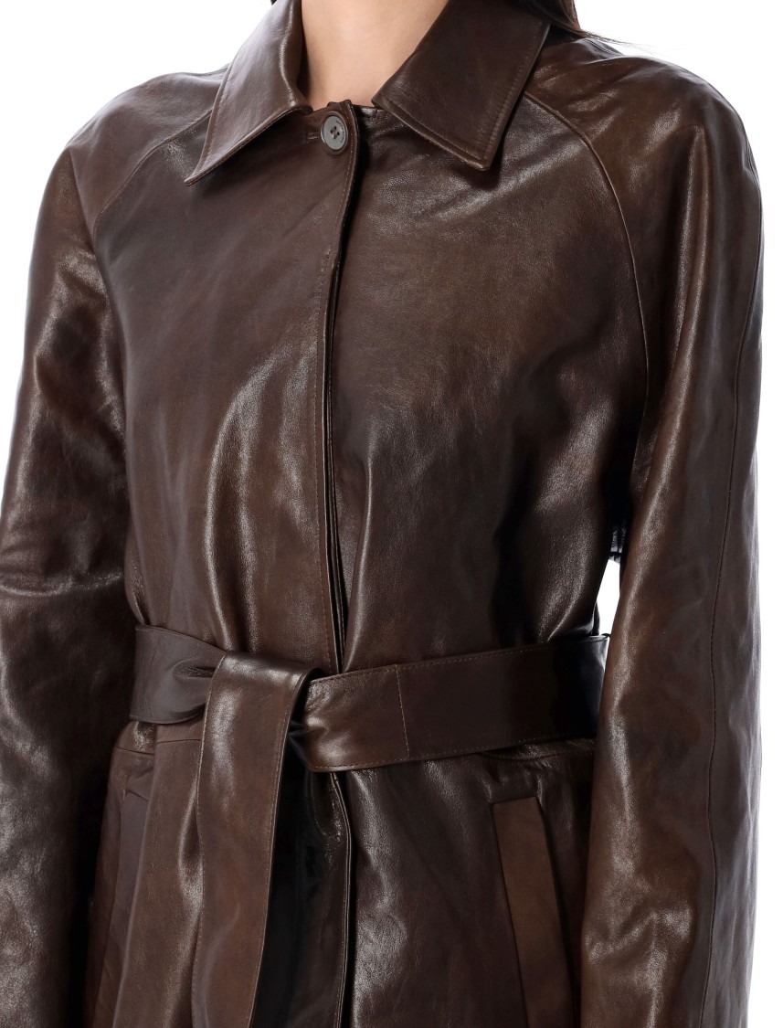 MAGDA BUTRYM MAGDA BUTRYM LONG BROWN LEATHER COAT WITH BELTED WAIST