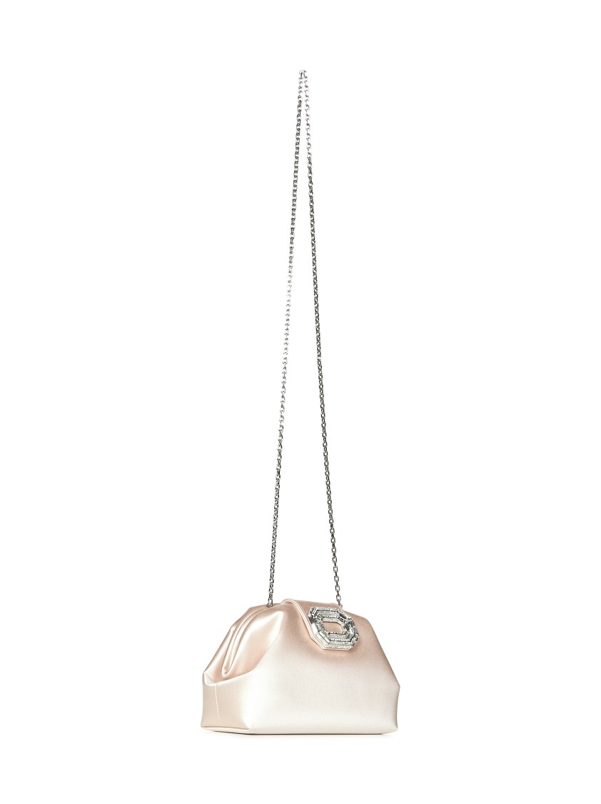 Amina Muaddi Champagne Satin Clutch With Rectangular Mirrored Accent