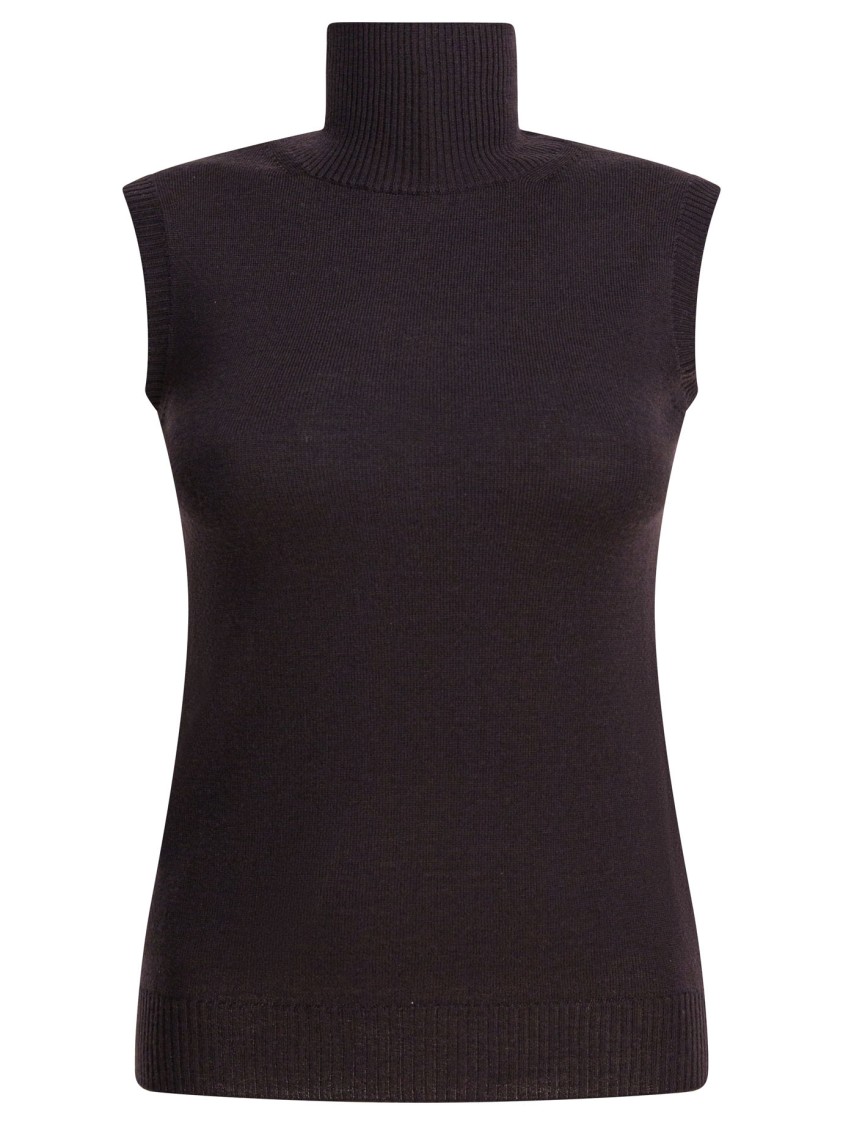 Max Mara Vertigo Turtleneck Sleeveless Wool Knit Top In Brown