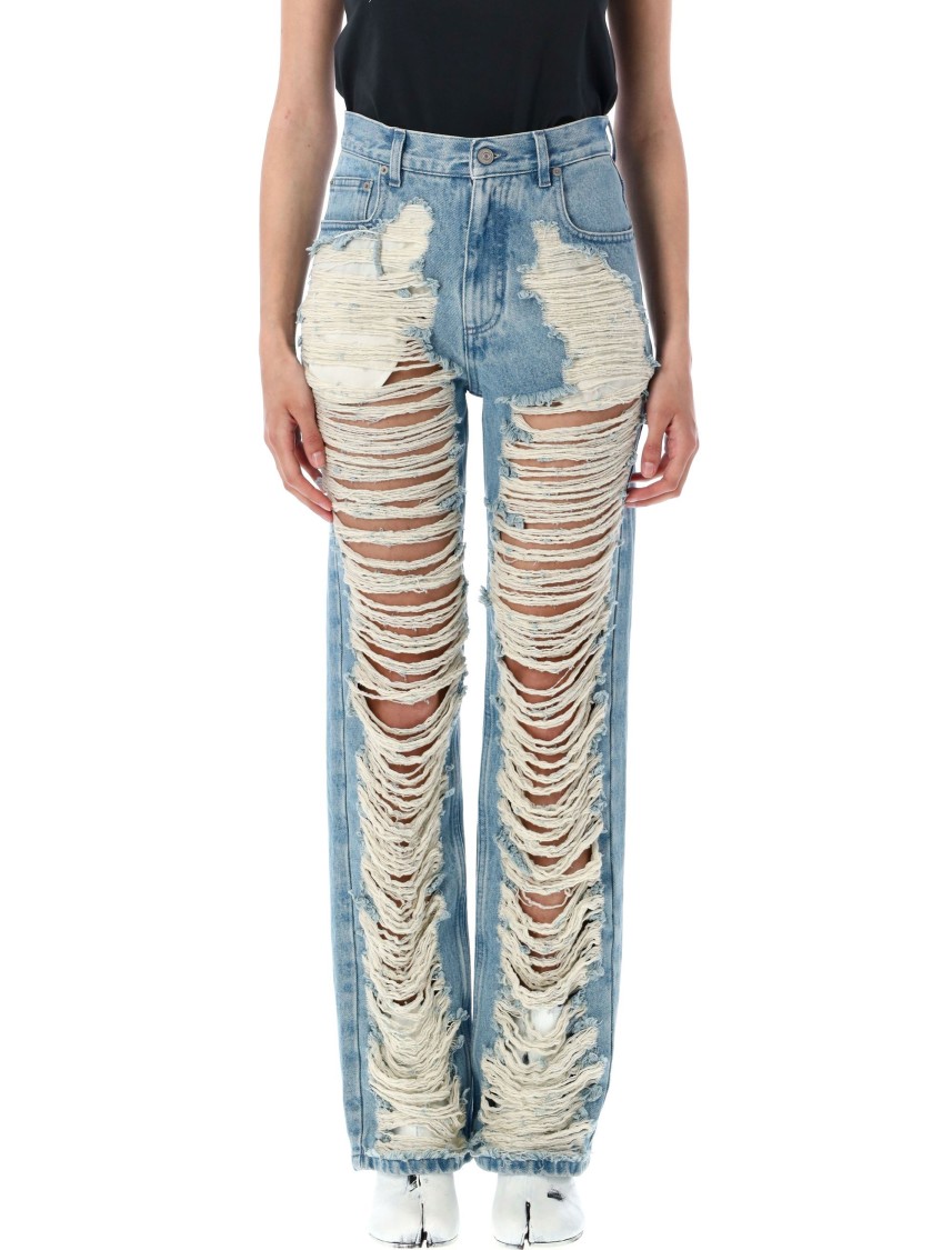 MM6 MAISON MARGIELA MM6 BY MAISON MARGIELA DISTRESSED STRAIGHT LEG DENIM JEANS WITH WHITE STITCHING 