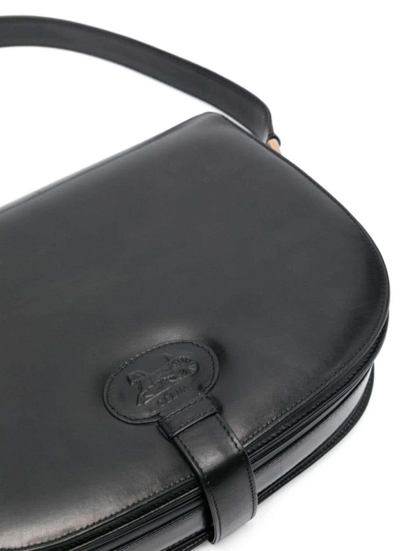 CELINE CELINE BLACK LEATHER CARRIAGE LOGO FLAP SHOULDER BAG